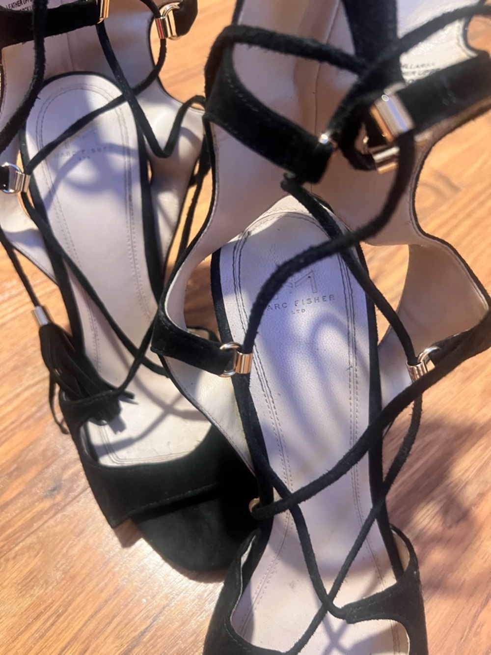 Marc Fisher Black Suede Strappy Lace-Up Stiletto Heels with Gold Accents